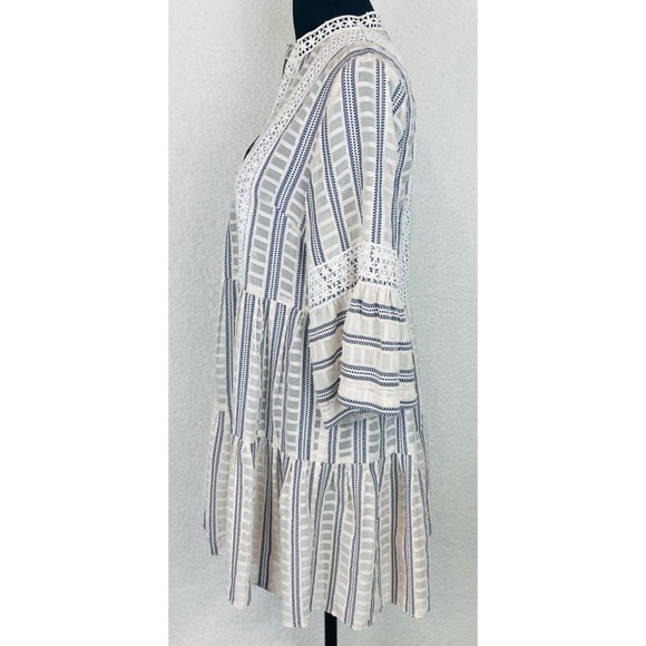 SANDRO • Ecru/White/Navy Stephanie Stripe Boho Lace-Trim Tiered Mini Dress, S - Picture 12 of 16